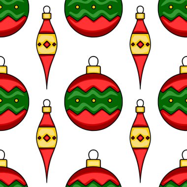 Şekillendirilmiş Noel mücevherleri ve sarkıt süslemeleri kırmızı, yeşil ve altın renginde kusursuz vektör deseni, şenlikli kış tasarımları için mükemmel..