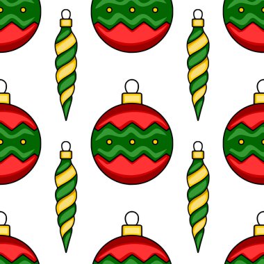 Şekillendirilmiş Noel mücevherleri ve sarmal süslemeleri kırmızı, yeşil ve altın renkleriyle kusursuz vektör deseni, şenlikli tasarımlar ve kış tatili için mükemmel..