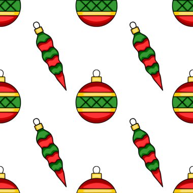 Şekillendirilmiş Noel süslemeleri ile kusursuz vektör deseni: kırmızı ve yeşil mücevherler ve beyaz arka planda buz saçağı süslemeleri, şenlikli ve neşeli bir tasarım yaratıyor.