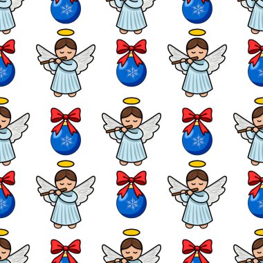 Flüt çalan ve kırmızı kurdeleli mavi takılar takan sevimli meleklerin olduğu kusursuz Noel deseni büyüleyici ve şenlikli bir kış tasarımı yaratıyor..