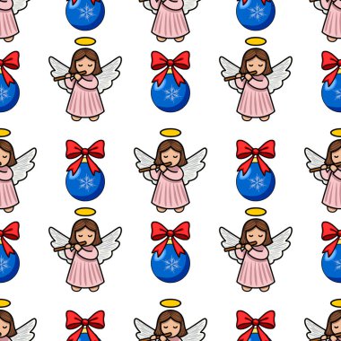 Kusursuz vektör Noel deseninde sevimli melekler flüt çalar ve kırmızı yaylı mavi mücevherler, kış tatili için mükemmel büyüleyici ve şenlikli bir tasarım yaratır..