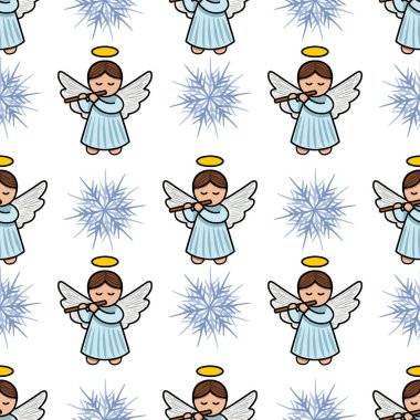 Şekillendirilmiş kar taneleri arasında flüt çalan sevimli meleklerin muhteşem bir Noel tasarımı yarattığı kusursuz bir vektör deseni..