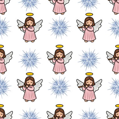 Şekillendirilmiş kar taneleri arasında flüt çalan sevimli meleklerin yer aldığı kusursuz bir vektör deseni, şenlikli arka planlar ve kış temalı projeler için ideal bir Noel tasarımı yaratıyor..