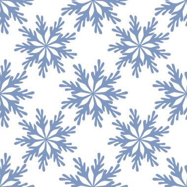Beyaz zemin üzerinde biçimlendirilmiş mavi kar tanelerinin kusursuz vektör deseni, kış tatili tasarım projeleri için mükemmel..