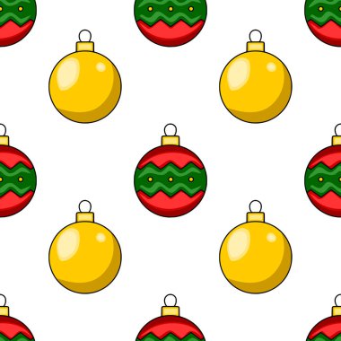 Alternatif sarı ve kırmızı-yeşil Noel süslemeleri içeren kusursuz vektör deseni, kış tatili projeleri için neşeli ve şenlikli bir tasarım yaratıyor..