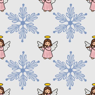 Şekillendirilmiş kar taneleri arasında flüt çalan sevimli meleklerin olduğu kusursuz bir vektör deseni. Noel için mükemmel bir tasarım..