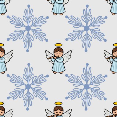 Şekillendirilmiş kar taneleri arasında flüt çalan sevimli meleklerin kusursuz vektör deseni, Noel temalı tasarımlar ve şenlikli arka planlar için mükemmel..