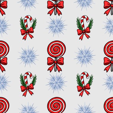 Açık gri zemin üzerinde kırmızı lolipoplar, şeker kamışları, yaylar ve kar taneleri olan kusursuz bir Noel deseni, şenlik tasarımları ve kış tatilleri için mükemmel..