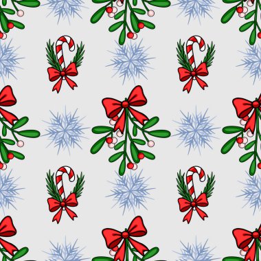 Kırmızı fiyonklarla süslenmiş ökseotu dalları, yeşillikle süslenmiş şeker kamışları ve açık gri arka planda narin kar taneleri içeren kusursuz bir Noel deseni....