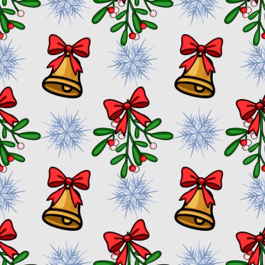 Altın çanları, ökse otu dalları ve kar taneleri olan kusursuz bir vektör Noel deseni, elle çizilmiş, cesur hatları ve canlı renkleri olan, şenlikli kış tasarımları için mükemmel..