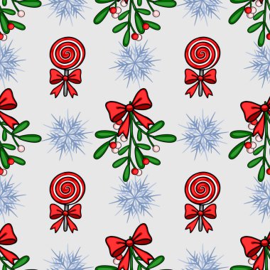 Ökseotu, lolipop ve kar taneleri ile kusursuz bir Noel şenliği, kış tatili tasarımları için ideal kırmızı ve mavi palet..