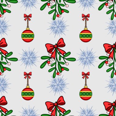 Ökseotu, kar taneleri ve dekoratif süslemelerle kusursuz Noel şablonu, el yapımı eşsiz bir karışım ve canlı kırmızı, yeşil ve altın renkler içeriyor..