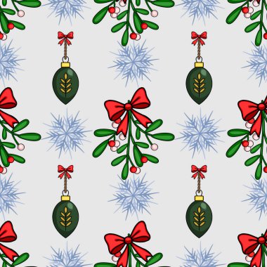 Kırmızı fiyonklu ökseotu dalları, altın sarısı koyu yeşil süslemeler ve açık gri arkaplanda şekillendirilmiş kar taneleri içeren kusursuz bir Noel deseni..