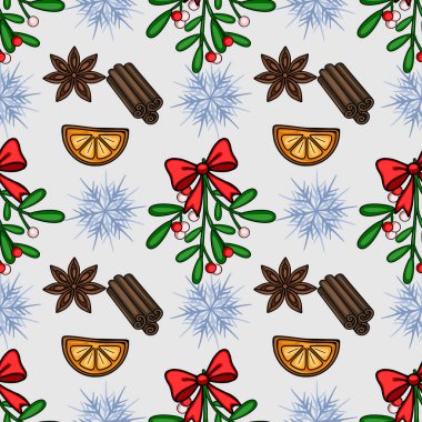 Ökseotu, tarçın, yıldız anason, portakal dilimleri ve kar taneleriyle kusursuz bir Noel şenliği. Bayram tasarımları için mükemmel..