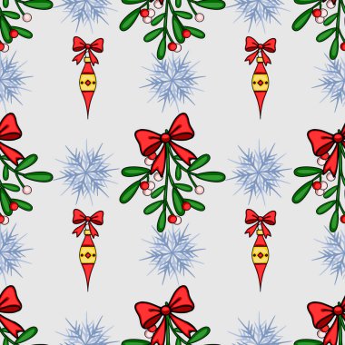 Kırmızı kurdeleli ökseotu dalları, şenlikli süsler ve açık gri arka planda narin kar taneleri içeren kusursuz bir Noel deseni, kış tatili için ideal..