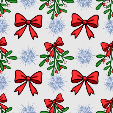 Kırmızı papyonlar, ökse otu filizleri ve açık gri arka planda şekillendirilmiş kar taneleri içeren kusursuz bir Noel deseni, şenlikli tasarımlar ve kış kutlamaları için idealdir..