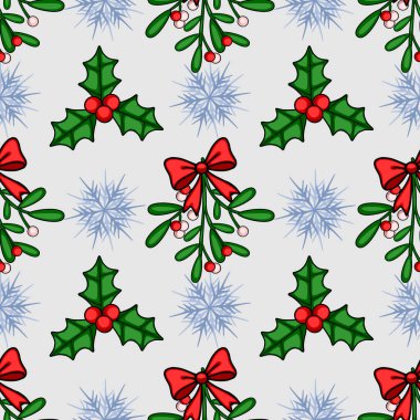 Noel Tasarımı Projeleri için Holly, Ökseotu ve Kar Taneleri ile Kusursuz Vektör Deseni