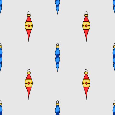 Kırmızı ve mavi renklerde biçimlendirilmiş Noel süslemeleri içeren kusursuz vektör deseni, şenlikli arka planlar ve kış tatili tasarımları için mükemmel..