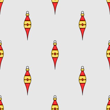 Kırmızı ve altın rengi biçimlendirilmiş Noel süslemelerinin kusursuz vektör deseni, şenlikli arka planlar ve kış tatili tasarımları için ideal..