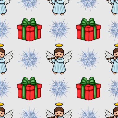 Flüt çalan sevimli meleklerin, yeşil yaylı şenlikli kırmızı hediyelerin ve açık gri arka planda narin kar tanelerinin olduğu kusursuz bir Noel deseni..