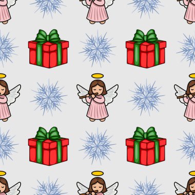 Flüt çalan sevimli meleklerin, neşeli hediye kutularının ve açık gri arka planda narin kar tanelerinin bulunduğu kusursuz bir Noel deseni büyüleyici ve tuhaf bir kış tatili yaratıyor....