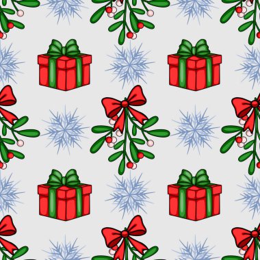 Yeşil kurdeleli kırmızı hediye kutuları, kırmızı ve beyaz böğürtlenli ökseotu dalları ve açık gri arka planda şekillendirilmiş kar taneleri içeren kusursuz bir Noel deseni....