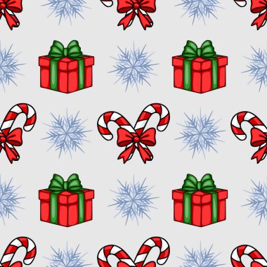 Elle çizilmiş kırmızı hediye kutuları, kırmızı yaylı şeker kamışları ve açık gri arka planda açık mavi kar taneleri içeren kusursuz bir Noel deseni..