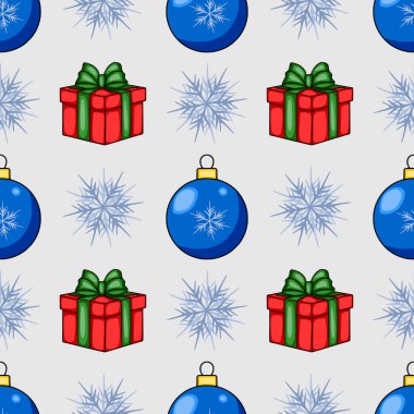 Şekillendirilmiş mavi takılar, yeşil yaylı kırmızı hediyeler ve açık gri arka planda narin kar taneleri içeren kusursuz bir Noel deseni, şenlikli tasarımlar için ideal..