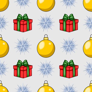 Şekillendirilmiş kırmızı hediyeler, altın mücevherler ve açık gri arka planda açık mavi kar taneleri ile kusursuz bir Noel deseni, şenlik tasarımları için mükemmel..