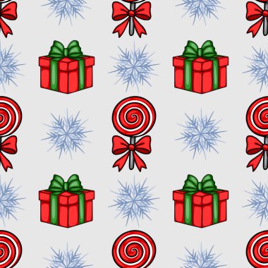 Yeşil kurdeleli kırmızı hediye kutuları, fiyonklu kırmızı lolipoplar ve açık gri arkaplanda şekillendirilmiş kar taneleri içeren kusursuz bir Noel deseni..