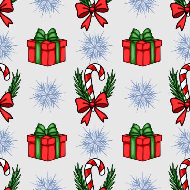 Kırmızı ve yeşil hediyeli kusursuz Noel şablonu, şeker kamışları, kar taneleri ve yaylar, şenlikli kış tasarımları için mükemmel..