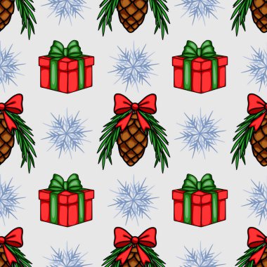 Yeşil ve kırmızı kurdeleli kırmızı hediye kutuları, yaylarla süslenmiş çam kozalakları ve açık gri arka planda şekillendirilmiş kar taneleri içeren kusursuz bir Noel deseni....