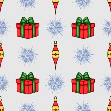 Yeşil fiyonklu kırmızı hediye kutuları, stilize kar taneleri ve açık gri arkaplanda şenlikli süsler içeren kusursuz bir vektör Noel deseni..