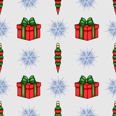 Yeşil fiyonklu kırmızı hediyeler, şenlikli yeşil ve kırmızı süsler ve açık gri arka planda açık mavi kar taneleri içeren kusursuz bir Noel deseni....