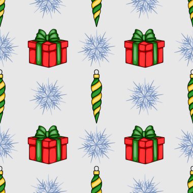 Kırmızı hediye kutuları, yeşil-sarı süslemeleri ve açık gri arka planda şekillendirilmiş kar taneleri olan kusursuz vektör Noel desenleri, şenlik tasarımları için mükemmel..