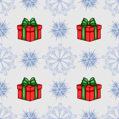 Yeşil yaylı kırmızı hediye kutuları ve açık gri arkaplanlı açık mavi kar taneleri içeren kusursuz bir vektör Noel deseni, şenlikli tasarımlar için idealdir..