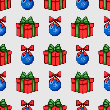 Kırmızı hediye kutuları, yeşil ve kırmızı fiyonklar ve kar taneli mavi süs eşyalarıyla kusursuz bir Noel deseni. Festival tasarım projeleri için mükemmel..