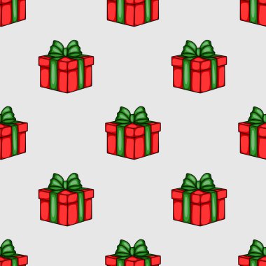 Yeşil yay ve kırmızı hediye kutularından oluşan kusursuz vektör deseni, neşeli ve neşeli bir estetik sunan bayram veya Noel tasarımları için mükemmel..