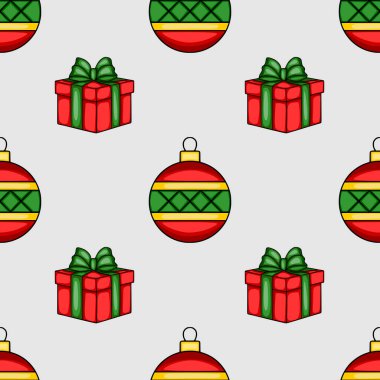 Kırmızı ve yeşil yay ve dekoratif takılar içeren kusursuz Noel deseni, şenlikli arka planlar ve ambalaj kağıdı tasarımları için ideal..