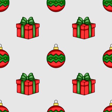 Yeşil fiyonklu kırmızı hediye kutuları ve kırmızı ve yeşil Noel mücevherleri içeren kusursuz bir Noel deseni, neşeli ve eğlenceli bir tatil tasarımı yaratıyor..