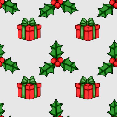 Açık gri arka planda el yapımı kırmızı hediye kutuları ve kutsal meyveler içeren kusursuz bir vektör Noel deseni. Bayram ambalaj kağıdı ya da tatil tasarımları için mükemmel..