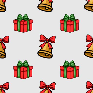 Kırmızı kurdeleli altın çanların ve yeşil kurdeleli kırmızı hediye kutularının büyüleyici el çizimi Noel desenleri neşeli ve neşeli bir tatil tasarımı yaratıyor..