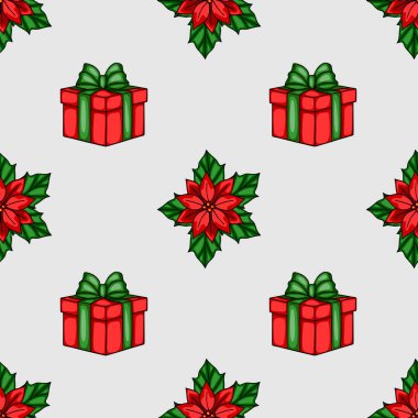 Kırmızı hediye kutuları ve Noel çiçekleri olan kusursuz bir vektör şablonu. Kağıt, kart ya da tatil geçmişleri için ideal bir şenlik tasarımı..