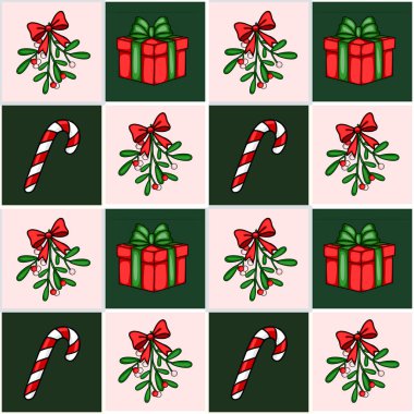 Ökseotu, hediye kutuları ve tekrar eden fayans tasarımlı şeker kamışlarıyla kusursuz bir Noel şablonu. Kırmızı, yeşil ve pembe renklerin eşsiz bir karışımı..