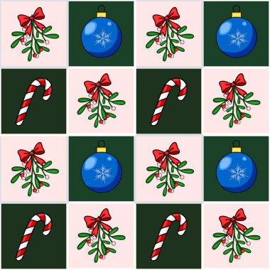 Pembe ve yeşil kareli arka planda ökseotu, şeker kamışı ve mavi takılar olan kusursuz bir Noel deseni, şenlik tasarımları için mükemmel..