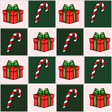 Pembe ve koyu yeşil karelerin kareli arka planında yeşil kurdeleli ve şeker kamışlı el yapımı kırmızı hediye kutuları içeren kusursuz bir vektör Noel deseni..