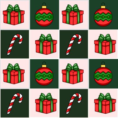 Yeşil fiyonklu kırmızı hediyeler, yeşil ve kırmızı Noel topları ve pembe ve koyu yeşil arka planda satranç tahtası dizayn edilmiş şeker kamışları içeren kusursuz bir Noel deseni..