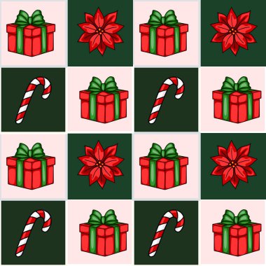 Pembe ve yeşil kareli arka planda kırmızı hediye kutuları, noktalı çiçekleri ve şeker kamışlarıyla kusursuz bir Noel vektör deseni..
