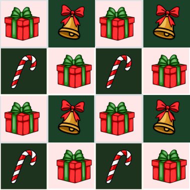 Kusursuz Noel şablonu içinde el çizimi büyüleyici hediye kutuları, çan sesleri ve neşeli kırmızı, yeşil ve altın renginde baston şekerler var..