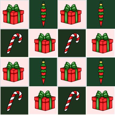 Kırmızı ve yeşil hediyeli kusursuz Noel şablonu, şeker kamışı ve süslemeler, şenlikli arka planlar ve kış tatili tasarımları için mükemmel..